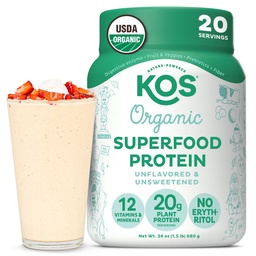 KOS Vegán fehérje por, ízesítetlen és nem édesített - Alacsony szénsavtartalmú Pea fehérje keverék, szerves szuperfood Gazdag Vitaminokban és ásványokban - Keto, Soy, Tejmentes - Étkezés nők és férfiak részére - 20 szerváció
