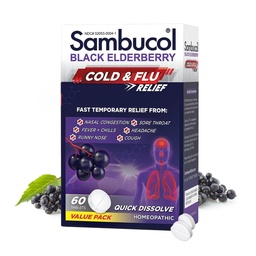 Sambucol Cold and Flu Relief Tablets - Homeopátiás hideg orvoslás, hideg orvoslás felnőtteknek, fekete bodza a hidegnek, cink hideg remedy - 60 gróf
