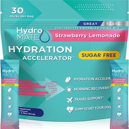 Electrolyte Powder Sugar- Free Hydration Packets Strawberry Lemonade Hydromate 30 Sticks