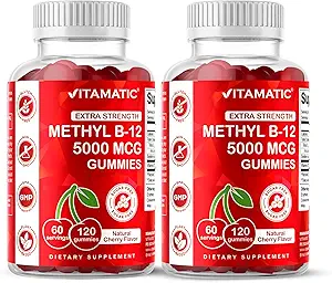 Vitamatic 2 csomag extra erős B12-vitamin 5000 mcg (metil B12) gumik - 120 gróf - energia anyagcsere támogatás és idegrendszer egészségügyi támogatás, természetes cseresznye ízesített