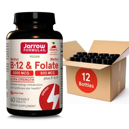 Jarrow Formulas Ultra Strength Metil B- 12 5000 mcg & Metil Folate 800 mcg + P- 5- P, Supplement for Cellular Energy Metabolisation and Cardiovascularis Support, 60 Chewable Tablets, 60 Day Supply, 12 Packs