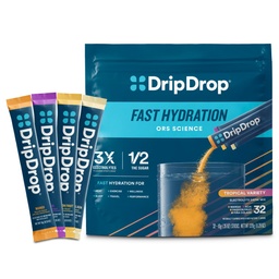 DripDrop Hydration Packets - Trópusi variety Pack - Single Serve Electrolites Powder Drink Mix - Mango, Açaí, Passion Fruit, Pińa Colada - Non-GMO, Gluten Free, Vegan - 32 Sticks