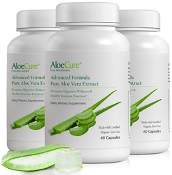 AloeCure Organic Aloe Vera kapszula, 160,000mg belső aloe levél egyenértékű egy szerving, Support Gut, Emésztőrendszeri, & Immune Health, Segít fenntartani kiegyensúlyozott gyomor savasság, Aloin Free, 60Caps x 3Btl