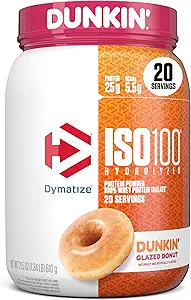 Dymatize x Dunkin 'Glazed Donut ISO100 Whey Protein Powder, 25 g protein, 5.5g BCAA, 120 Cal., Gluten Free, 1g Fat, 1g Sugar, 2g Carb (20 szerváció)
