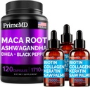 4- in1 Liquid Biotin Collagen Keratin Saw Palmetto Drops (2 fl oz - 3 Pack) & 6- in- 1 Maca Root Ashwagandha w Black Pepper Fruit (120ct) Bundle - Hair, Skin, Nails, Energy & Mood Support Supplement
