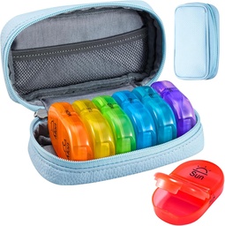 Serfeymi Weekly Travel Pill Organizer 2 Times A Day AM PM Frissített Rainbow Pill Box 7 Day hordozható cipzár PU bőrpirító esetében, Gyógyszer Szerelő pirula, Vitaminok, Halolaj - Blue 01