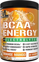 EVL BCAA Amino Acids Powder - BCAA Energy Pre Workout Powder for Muscle Recovery Lean Growth and Endurance - Rehidrating Post Workout Recovery Drink with 6 Key Electrolytes - Orange Mango