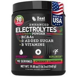 Zeal Naturals Electrolyte Powder Recovery Drink (90 Servings) w 0 Sugar + BCAA + B- Vitamins Electrolyte Supplement w Kálium Cink & Magnézium for Hydration - Keto Electrolytes