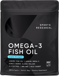 Sport Research Triple Strength Omega 3 Fish Oil - Burless Fish Oil Supplement w / EPA & DHA Fatty acids from Wild Alaskan Pollock - Heart, Brain & Immune Support for men & Women - 1250 mg, 240 t