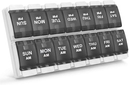Sukuos AM PM Heti 7 napos Pill Organizer, 2 Times A Day Pill Box Arthritis Friendly Push Button, Orvosi esetek vitamin / Halolaj / kiegészítők, Könnyen tisztítható (fekete)