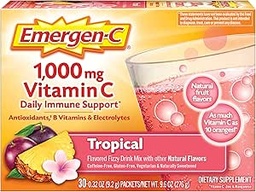 Emergen- C 1000mg C-vitamin por, antioxidánsokkal, B Vitaminokkal és elektrolitokkal, C-vitamin kiegészítők immuntámogatásra, koffein mentes Fizzy Drink Mix, Tropical Flavor - 30 gróf / 1 hónapos ellátás
