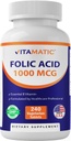 Vitamatic Folic Acid 1000 mcg (1 mg) - Vegetáriánus tabletta - 1667 mcg DFE - B9-vitamin (240 darabos csomag)