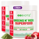 GOBIOTIX Super Greens and Reds Powder - Red and Green Superfood - Probiotic Supplement - Digitális enzimek és a Beet Root Powder - Organic Whole Foods Diétakiegészítés (Pom Málna, 2 Pack)