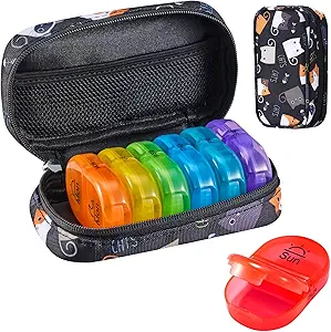 Serfeymi Weekly Travel Pill Organizer 2 Times AM Day PM Frissített Rainbow Pill Box 7 Day hordozható cipzár Canvas Pill Case, Medicine Organizer for Pills, Vitamins, Halolaj - Black 02