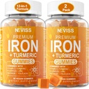 Vasgumi + Turmeric 600mg nőknek, vaspótlás multivitaminokkal C, A, B- Complex, folsav, cink vashiányosság, anaemia és energia, gyengéd, non-constipating, rágható, Vegán, 2 csomag
