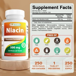 Legjobb természetes Niacin 500 mg 250 tabletta kipirulás - B3-vitamin (250 darabos csomag)