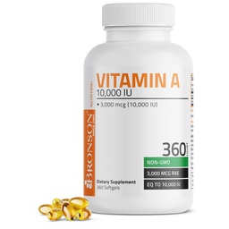 Bronson A-vitamin 10 000 NE Premium Non-GMO Forma Támogatja az egészséges látást és immunrendszert, valamint az egészséges növekedést és reprodukciót, 360 Softgels