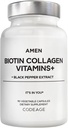 Amen Biotin Collagen Vitamins + 10 000 mcg Biotin Supplement - Hydrolized Collagen, Vitamins C & E, Folate, Hyaluronic Acid, Keratin, MSM, Saw Palmetto - 3 hónapos ellátás - Non-GMO - 90 kapszula