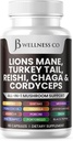 Lions Mane Supplement kognitív támogatás, Immune Health Törökország Tail 20in1 Gomba Reishi Cordyceps Chaga Marshmallow Root 60 gróf
