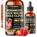 11in1 Wormwood Liquid Drops - Black Walnut Wormwood Liquid Extract with Whole Clives, Reishi, Peppermint, Oregano, Aloe Vera, Anise Seed - 2 FL OZ - 60 napos ellátás - Strawberry Flavor