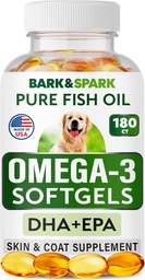 BARK & SPARK Omega 3 kutyáknak - 180 halolaj lágyítószer kutyasütéshez, bőrallergia, itch Relief, Hot Spots kezelés - Joint Health - Skin and Coat Supplement - EPA & DHA Fatty acids - Lazacolaj