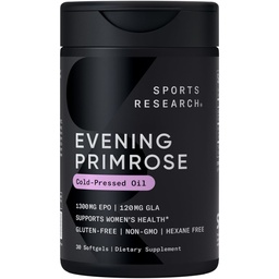 Sports Research Evening Primrose Supplement from Cold Pressed Oil - Softgels for Women 's Health & Skin Health - Gluten Free & Non- GMO GLA - High Potency 1300mg, 30 Count