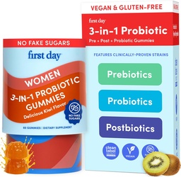 ELSŐ NAP Womens 3- in- 1 probiotikus gumik - Prebiotikus + probiotikus + postbiotikus kiegészítés - Emésztő és orális egészség, immunfunkció és energiaszintek - 30- napos ellátás