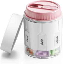Daviky Pill Palack Organizer, Supplement Organizer with 7 Large Commodities, Travel Pill Dispenser Round Pill Box with Two Lids