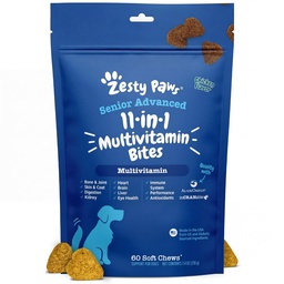 Zesty Paws Senior Dog Multivitamin kezelések - Glükozamin kutyáknak + Emésztési Enzimek és Probiotikumok - Gabonamentes kutya vitaminok és kiegészítők bőr és kabátok + immunegészségügyi csirke - Advanced - 60ct