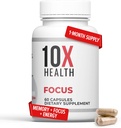 10X Health Focus Rhodiola Rosea - Gehirn-Ergänzungen für Gedächtnis und Fokus - 60 Kapseln Fokus-Ergänzung, Gedächtnis-Ergänzung für Gehirngesundheit mit Ginkgo Biloba, Huperzine A - Ginkgo Biloba Kapseln