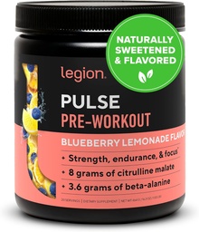 LEGION- All Natural Nitric Oxide Pretushing Drink to Boost Energy, Creatine Free, Naturally Sweared, Beta Alanine, Citrulline, Alpha GPC (Blueberry Lemonade)