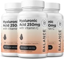 Tiszta hialuronsav kiegészítés 250mg C-vitaminnal 50mg, 120 Vegán kapszula - bőr hidratáció természetes fény, haj, köröm, csont és közös egészségügyi képlet