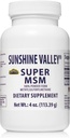 Sunshine Valley ® Super MSM kiegészítés - Metilszulfonilmetán MSM kristályok por közös támogatás, köröm, haj és bőr egészség - 100% tiszta por, ízesítetlen, étrend kiegészítés - 4 oz