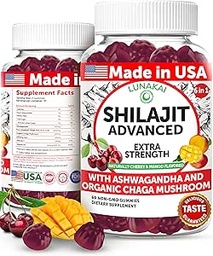 Lunakai USA Made Pure Shilajit Gumies 1200mg Ashwagandha & Chaga - Himalayan Shilajit a férfiak és nők, Energy & Vitality Support, 60ct