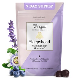 Winged Wellness Sleepyhead Natural Sleepyhead Gumies for Women - Alvástámogatás felnőtteknek 3 mg Melatonin, L- Theanine, 5- HTP - Natural Gumy Supplement - Blueberry Lavender, 14 Vegan Gumies