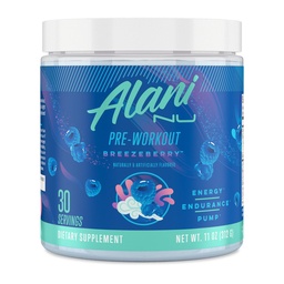 Alani Nu Pre Workout Powder BREEZEBERRY, Amino Energy Boost, Endurance Supplement, Sugar Free, 200mg koffein, L- Theanine, Beta- Alanine, L- Citrulline, 30 szerváció