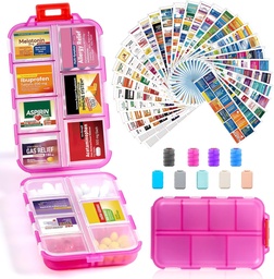 14 Grids Travel Pill Organizer Box 415- Pcs Medicine Name Labels - Pocket Daily Pharmacy Case Container Kit - Travel Medication Holder Dispenser for Fish Oil Vitamin Supplement Storage - Clear Pink