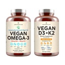 Vegan Powerhouse Combo. Omega3 az Algal Oil & Vitamin D3 + K2. Plant- based 5000 iu VIT D Alga. 100 mcg All- Trans MK- 7 Vita K. Carrageenan Free Veggie Softgels.