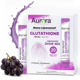 Aurora Nutrascience Nano- Liposomal Glutathione, Grape Powdered Drink Mix Immune & Antioxidáns Gut Health Support Supplement, 750 mg per Serving, Non- GMO, Sugar- Free, 30 Single Serve Packet
