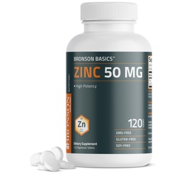 Bronson Cink 50 MG magas potenciállal támogatja a bőr egészségét - nem GMO, 120 Vegetáriánus tabletta