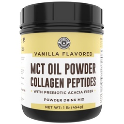 Keto MCT Oil Powder + Collagen + Prebiotikus Acacia Fiber, Vanilla Flavor, 16oz. Grass Fed Collagen, tökéletes Keto, 0 Net Carb, Stevia, Erithritol, Powdered Drink