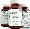 Natural Nutra GTF Króm Polynikotinát ChromeMate, Támogatja a test anyagcseréjét, Támogatja a szív egészségét, fenntartja a testzsír szintet, Javítja az emésztést, Cardiovascularis egészség, 200 µg, 120 Vegán tabletta