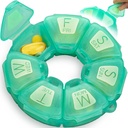 Round Weekly Pill Organizer, TPU Rubberized, Travel Pill Container 7 nap, 7 Nagy kompartmentekkel, Nagy Napi Vitaminok és kiegészítők, Cuki Pill Case nagy betűkkel és Braille (zöld)