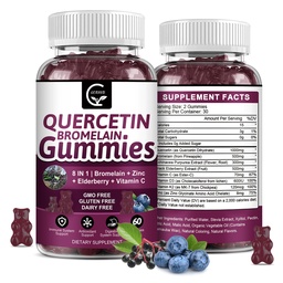 Quercetin Gumies with Bromelain 2378mg - Elderberry, Echinacea Purpurea kivonat, Cink, C-vitamin, D3, K2, Complex Supports Immune, Cardiovascularis & Respiratory, Vegan Gummy for Felnőtt & Kölyök