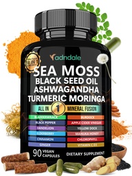 Adndale Sea Moss Black Seed Oil Ashwagandha Ginger kapszula. SeaMoss kapszula fekete magolaj, Ashwagandha, Turmeric, Moringa, Bladderwrack, Burdock Root, Manuka méz, fahéj