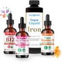 LIQUIDHEALTH Vegan Napi Essentials Vitamin Starter Kit szerves metil B12 cseppek, Vegan Liquid Collagen + Biotin, folyékony vas, D3-vitamin cseppek - 100% Plant- alapú vitamin kiegészítők, Készült USA