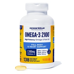 Oceanblue Professional Triple Strength Omega DPA Fish Oil Supplements 2100mg, High Potency EPA DHA, Wild Caught, Burless, 69 Servings (138 Count Natural Orange Flavor)