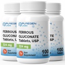 Puregen Labs Ferrous Gluconate 324 mg [High Potency] Vaspótló, Gentle on Stomacht 124; 3 Pack - 300 tabletta Összesen