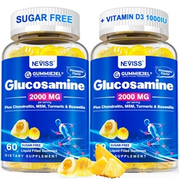 Cukor mentes glükozamin töltött gumik - Glükozamin kiegészítés Plus Chondroitin, MSM, Turmeric, Boswellia, Hyaluronic Acid, D3 vitamin & Cink, 120 Gumies, 60 szerva
