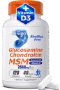 Glucosamin Chondroitin MSM + D3-vitamin 124; Shellfish-Free Joint Support Supplement for Mobility, Rugalmasság & Bone Health